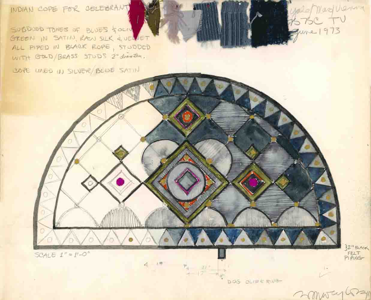 Sketch for Indian Cope for Celebrant, Leonard Bernstein’s Mass, Graphite/ Watercolor/ Gouache on paper, 16 ¾ x 13 ¾ inches